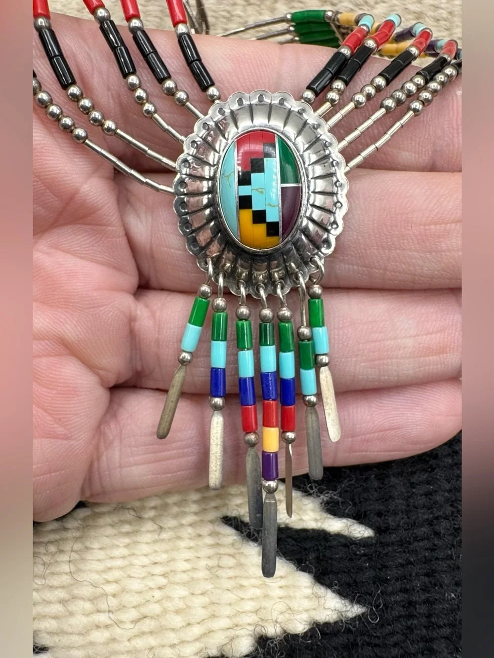 Southwest 925 Sterling Faux Turquoise Multi Stone Inlay Liquid Silver Necklace